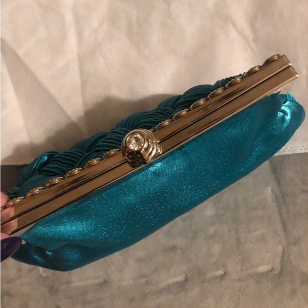 Turquoise & Silver Satin Clutch Crossbody Bag - Picture 9 of 10